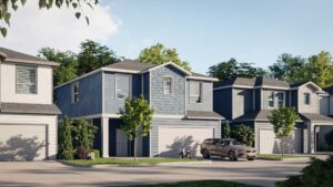 image of each home featuring a garage and a fenced in yard at Villas at Creekside build-to-rent community