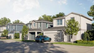 Showing free-standing townhome with a private driveway and a two-car garage at Villas at Creekside build-to-rent community