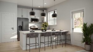 Image of the kitchens featuring quartz countertops and custom Villas at Creekside build-to-rent communitycabinetry.