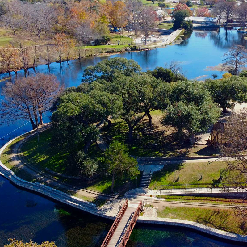 Birds-eye view of river in New Braunfels, TX